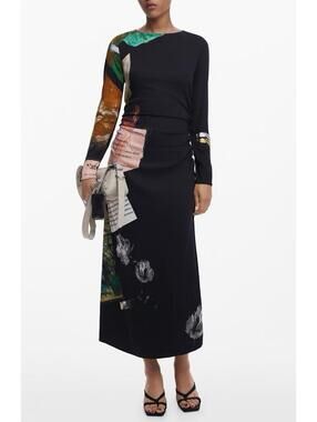 New Desigual Mix Print Long Sleeve Midi Dress In Black Size S $169